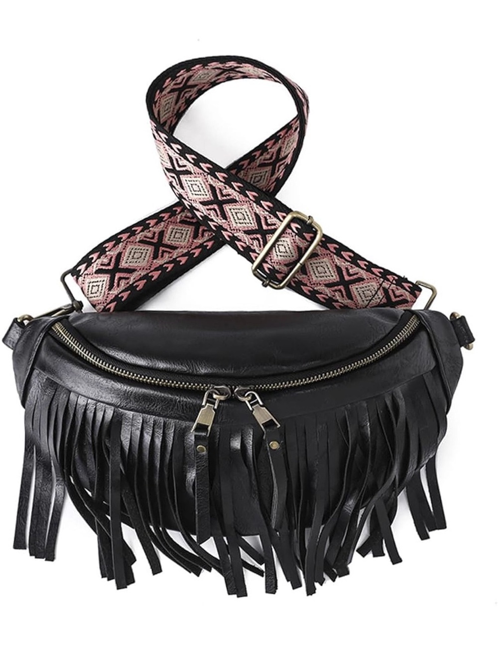 Fringe Adjustable Crossbody Sling Bag Purse Fanny Pack Black NEW